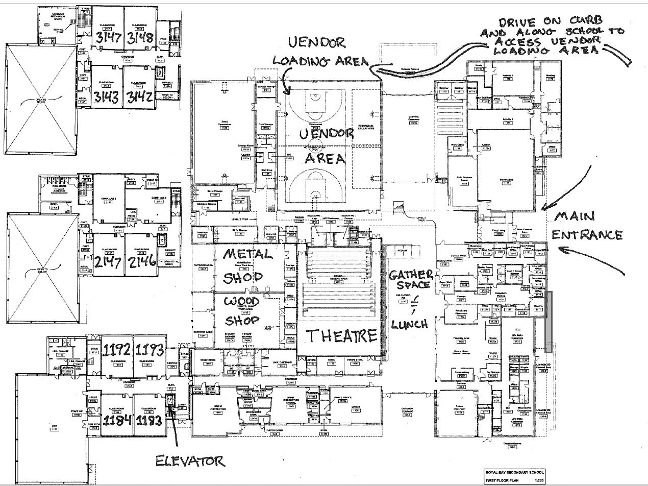 Royal Bay Secondary floor plan showing workshop rooms, shops, gym vendor area, Gather Space and main entrance